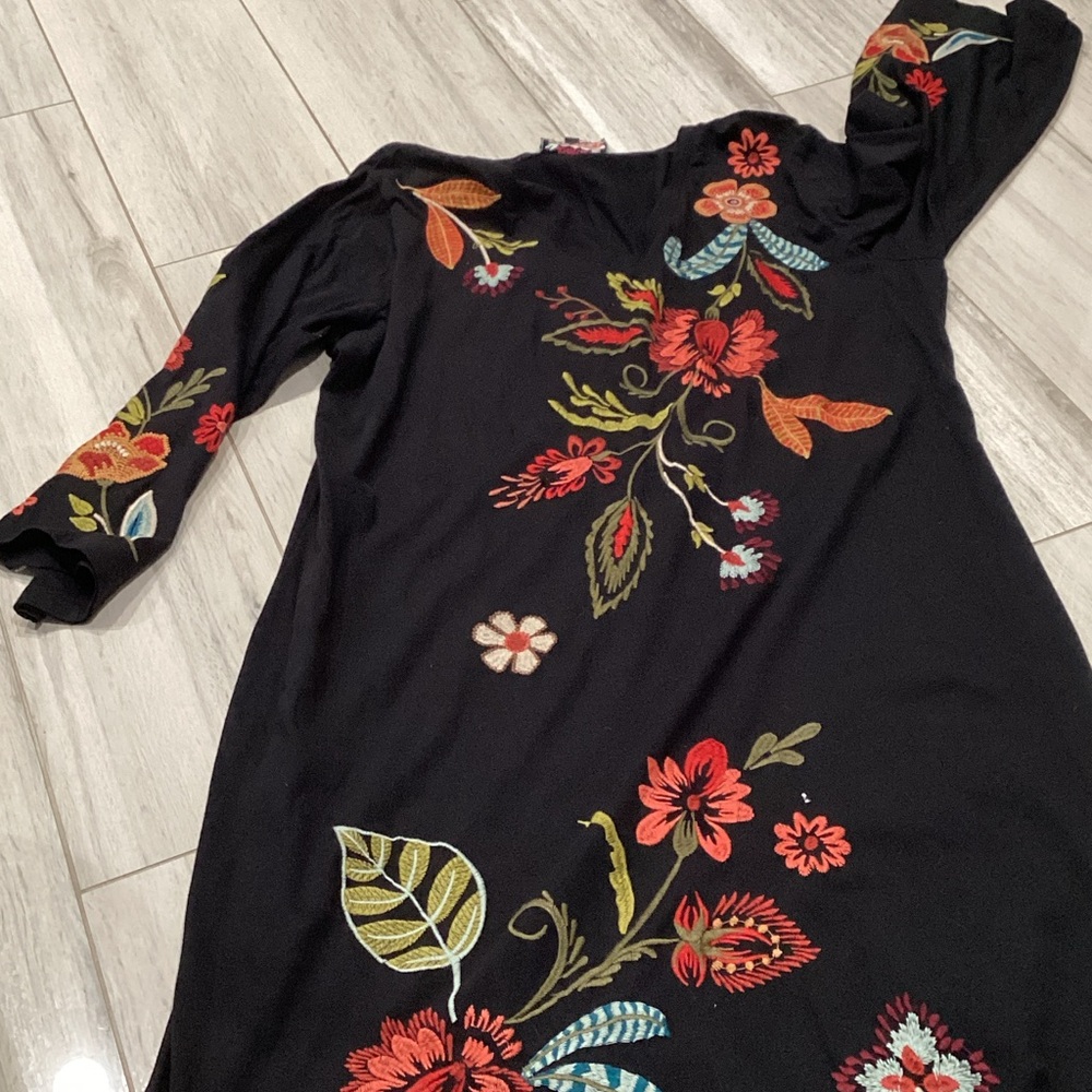 Johnny Was Black Floral Embroidered Long Sleeve Dress with Red & Green Accents